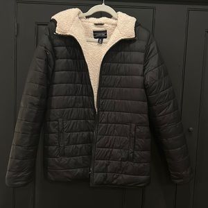 Lands End black thermalite, fleece lined, hooded jacket